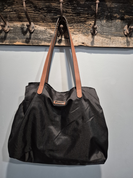 Roots Handbags - Roots Nylon Water Resistant Black Tote Bag Brown Leather Straps 3 Compartments